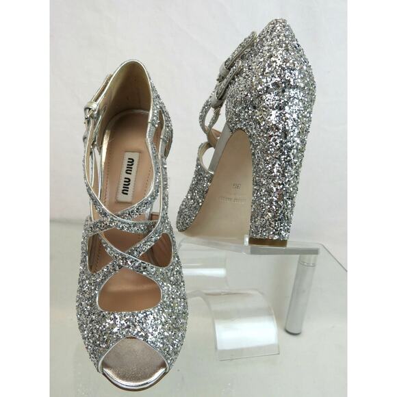 MIU MIU PRADA SILVER GLITTER LEATHER 5K880C BUCKLE CRISSCROSS PEEP TOE PUMPS 36 - Picture 7 of 12